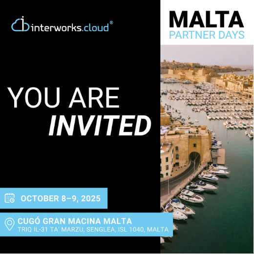 interworks.cloud Partner Days 2025 invitation banner for event in Malta, October 8–9, at Cugó Gran Macina hotel in Senglea.